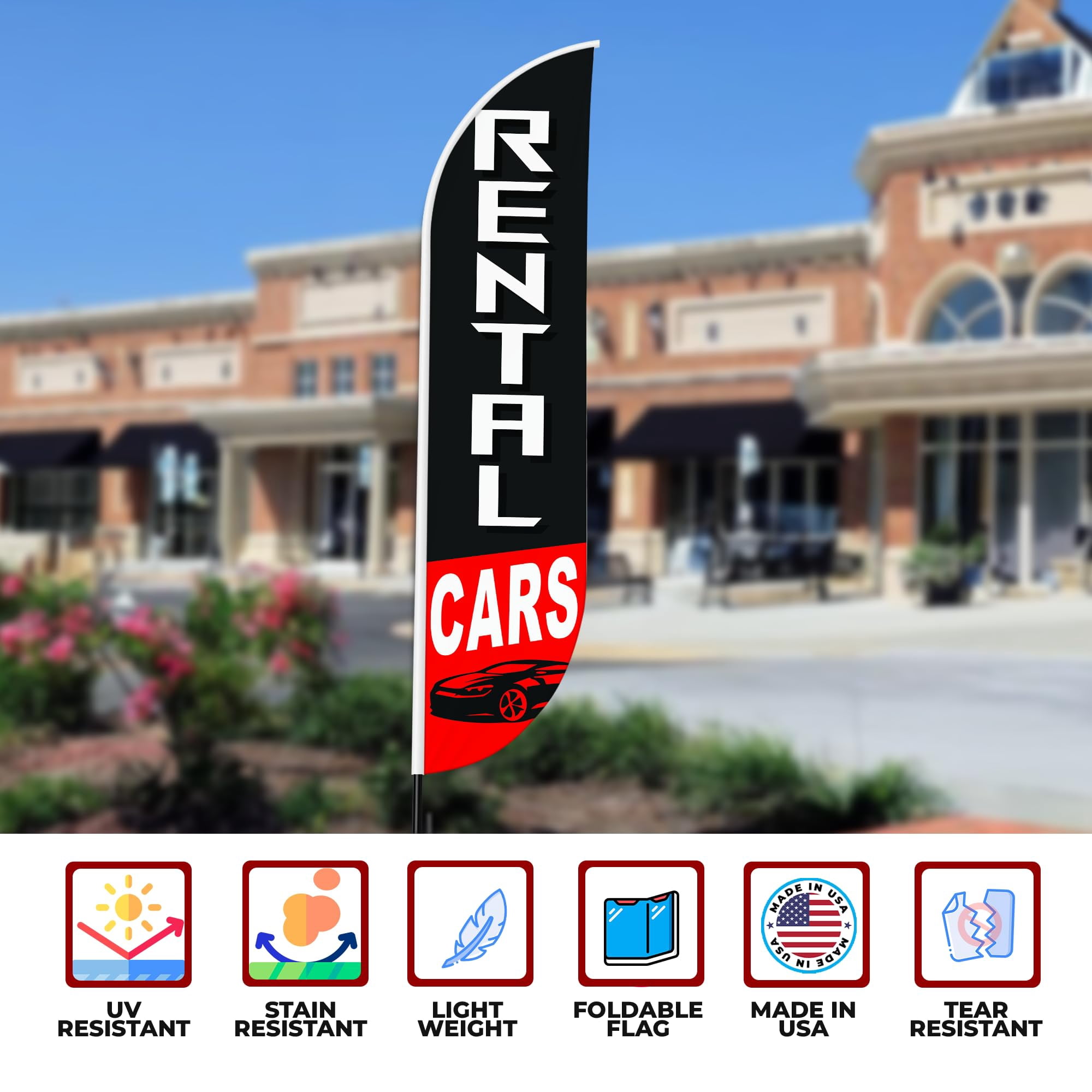 Rental Cars Sign feather flag Pole kit for Outdoor by Mavis Printing | 15 FEET Long Polyester Outdoor Banner Flag Pole Mount Easy Hang | HD Print Swooper Flags to Advertise Car Business