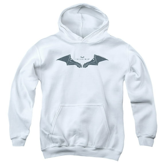 The Batman Mechanical Bat Logo Kids Pull-Over Hoodie (Medium) for Youth Boys and Girls, White