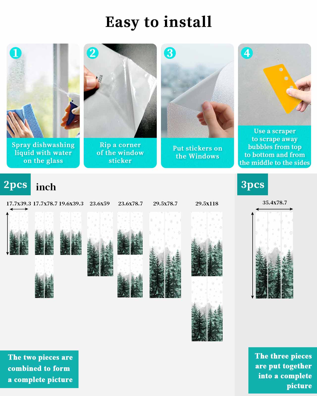 Green Christmas Tree Window Privacy Film Stained Glass Window Film Decorative Windows Cover Static Windows Cling for Glass Door Xmas Snowflake Forest Stickers for Bathroom 17.7"x78.7"