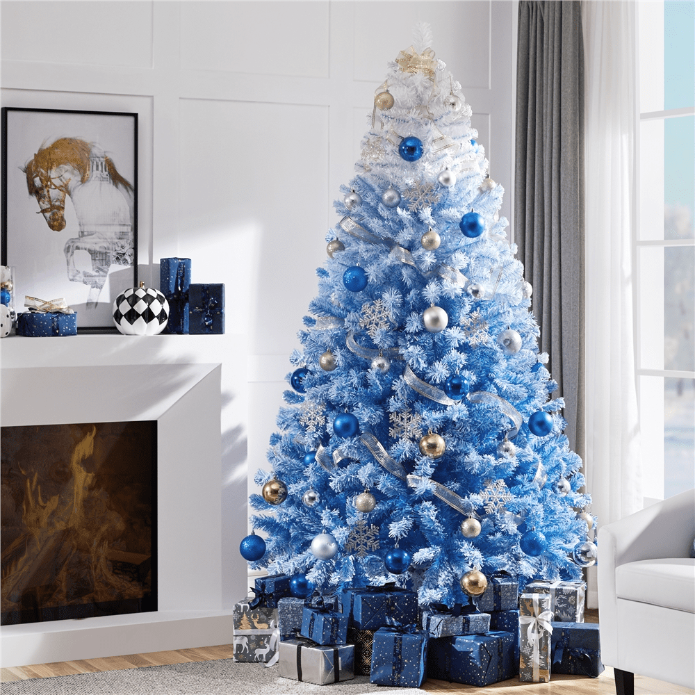 Renwick 7.5ft Flocked Artificial Christmas Tree with Foldable Stand, Lake Blue Gradient