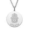 Personalized Planet Rhodium, Gold or Rose Gold Plated Engraved Name and Hamsa Hand Disc Necklace ,Women's