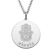 Personalized Planet Rhodium, Gold or Rose Gold Plated Engraved Name and Hamsa Hand Disc Necklace ,Women's