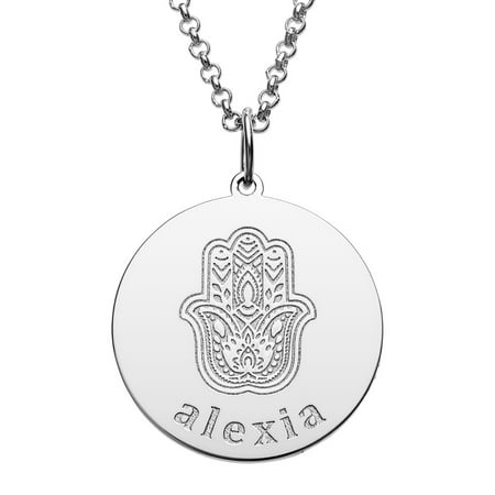 Personalized Planet Rhodium, Gold or Rose Gold Plated Engraved Name and Hamsa Hand Disc Necklace ,Women's