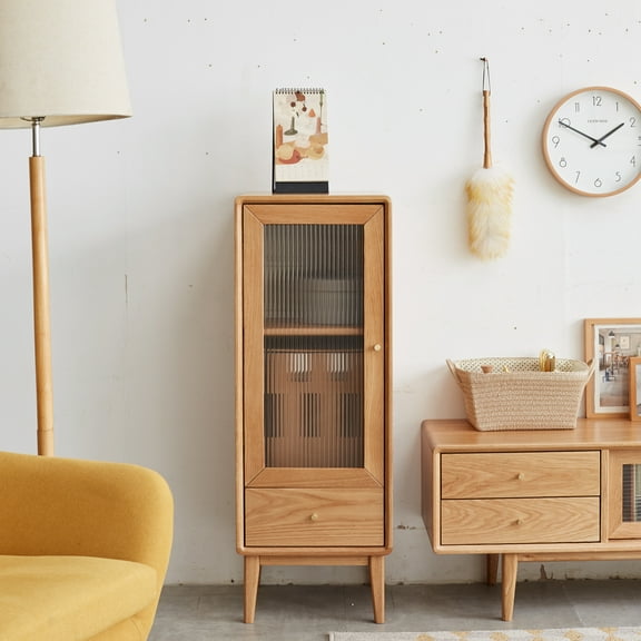 Free-Standing Corner Cabinets Storage Table, With Vintage Brass Handle Glass Door, 2 Shelves, 1 Drawers, For Living Room Entryway Kitchen Hallway TV Stand