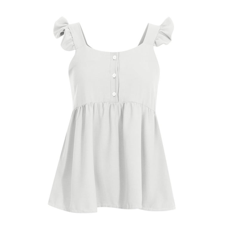 Womens Ruffles Strap Tank Top Solid Color Square Neck Flowy