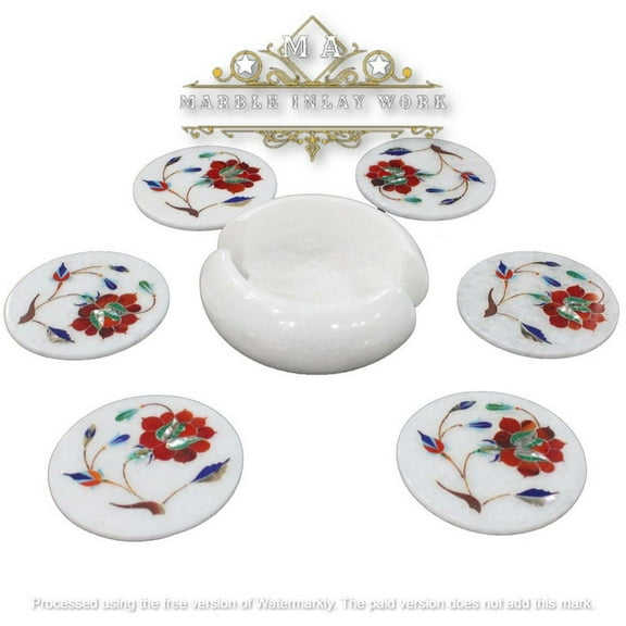 Handmade White Marble Coaster Set with Decorative Inlay – Gemstone Tea Coasters for Drinkware and Barware, Perfect Housewarming Gifts