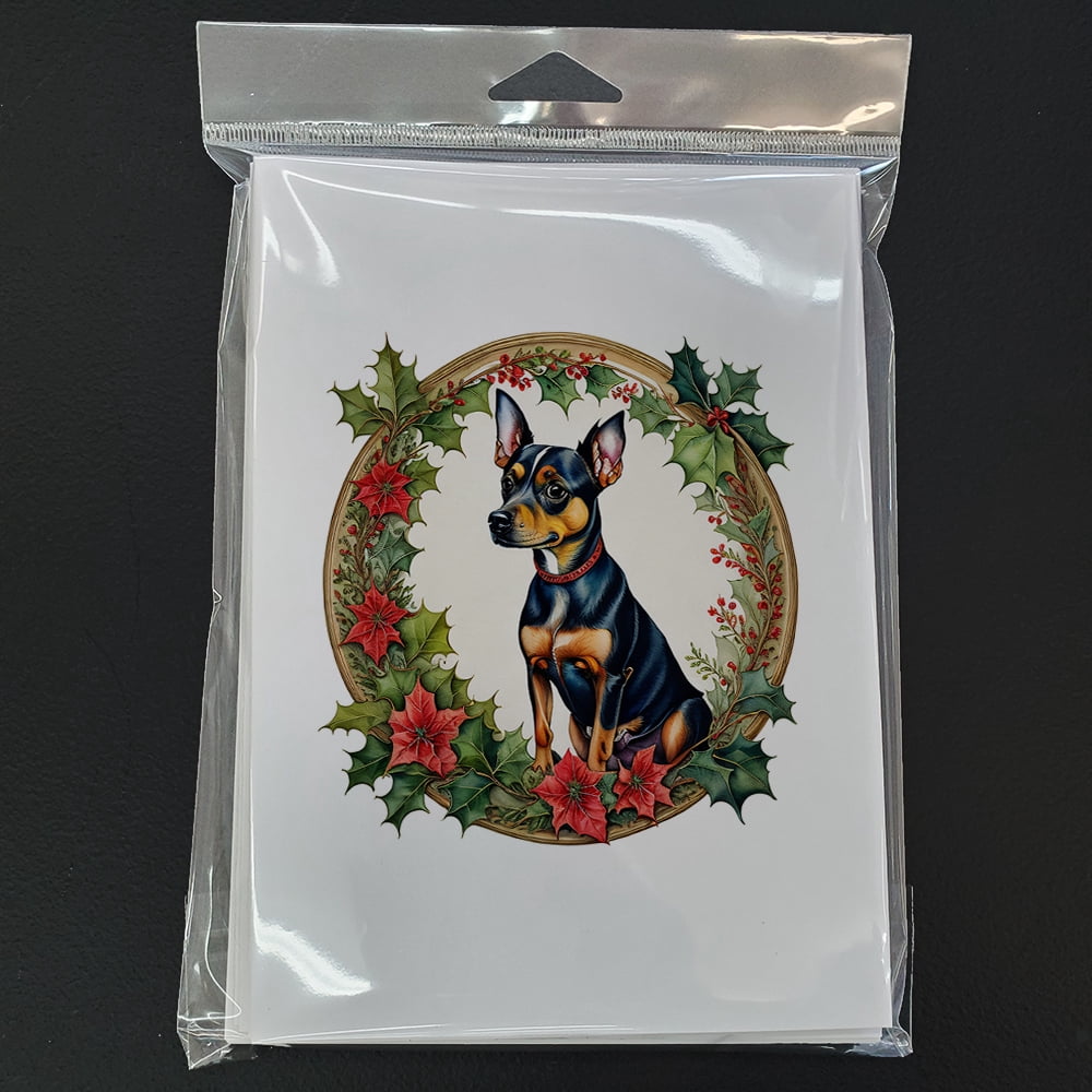 Miniature Pinscher Christmas Flowers Greeting Cards Pack of 8 7 in x 5 in