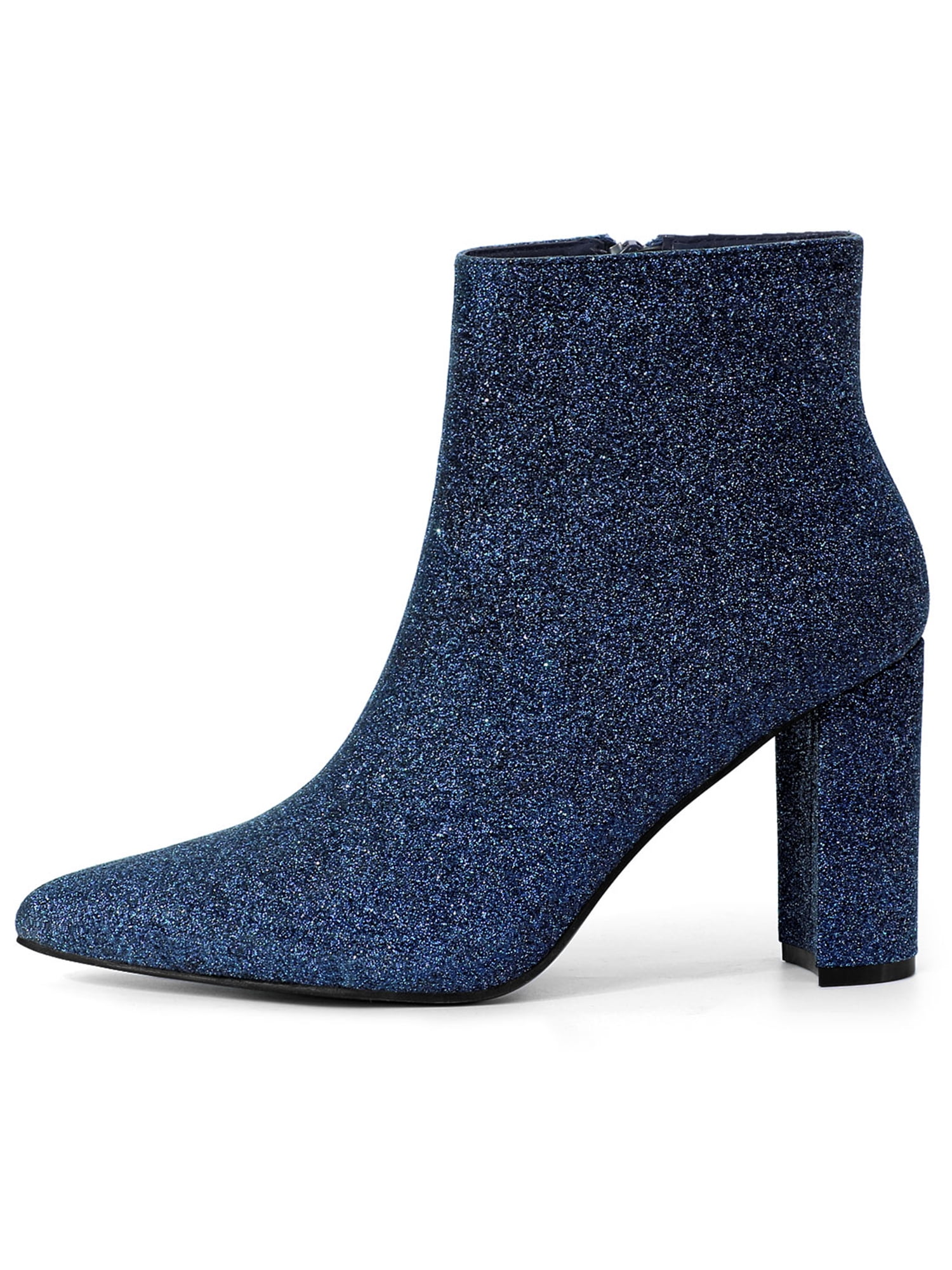 Unique Bargains Women's Glitter Pointed Toe Chunky Heel Ankle Boots Navy Blue 7