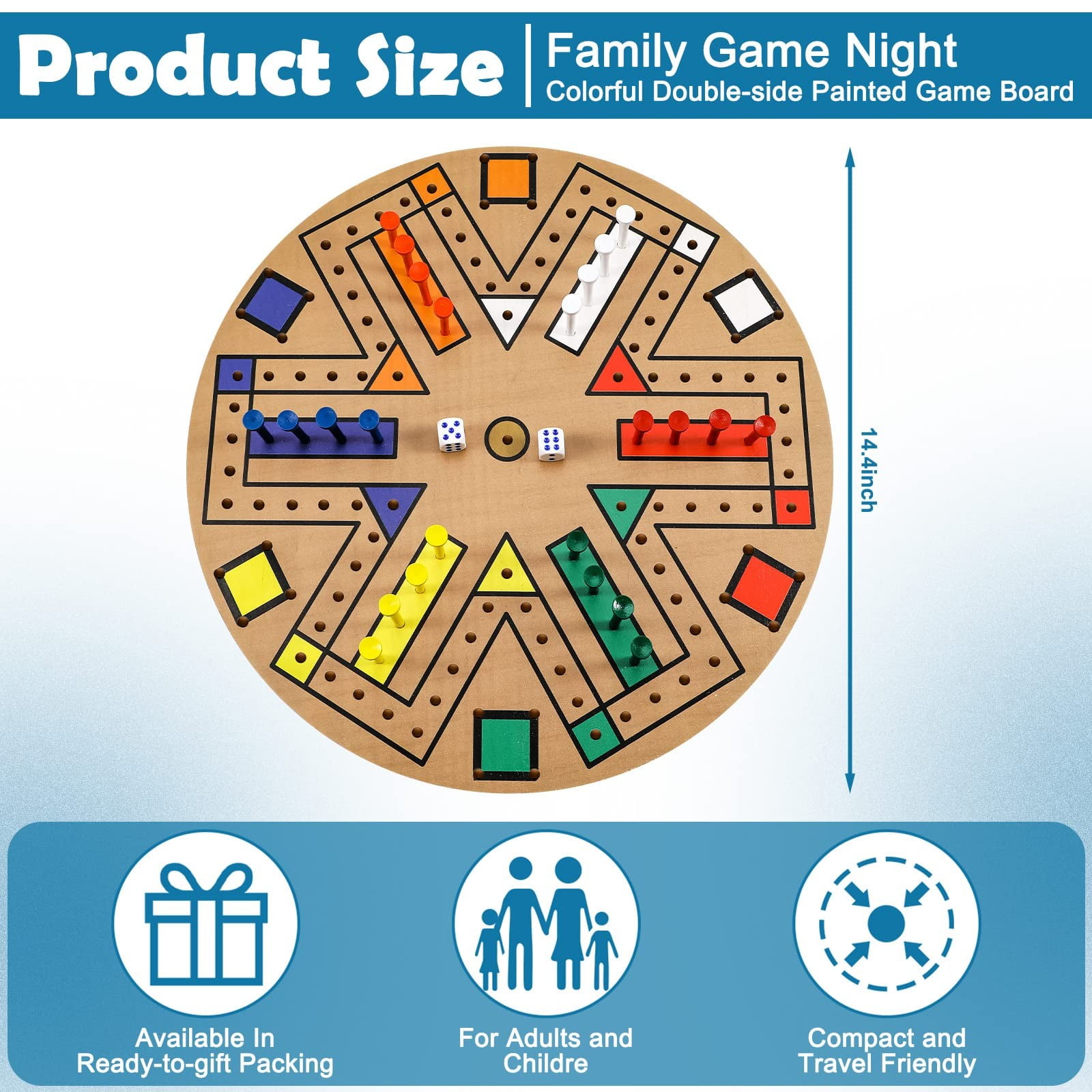 Wgmhea Wooden Fast Track Game, Fast Track Board Game for 3-6 Players – Family, 14.2-Inch Board, with 24 Board Game Pieces and 2 Dice, 6 Colors