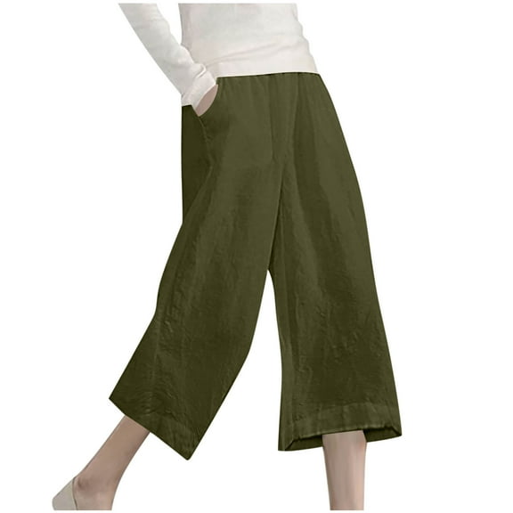 Mgmyaa Women's Casual Capris Spring Summer Solid Cotton Linen Elastic Waist Loose Straight-Leg Cropped Pants Yoga Pants