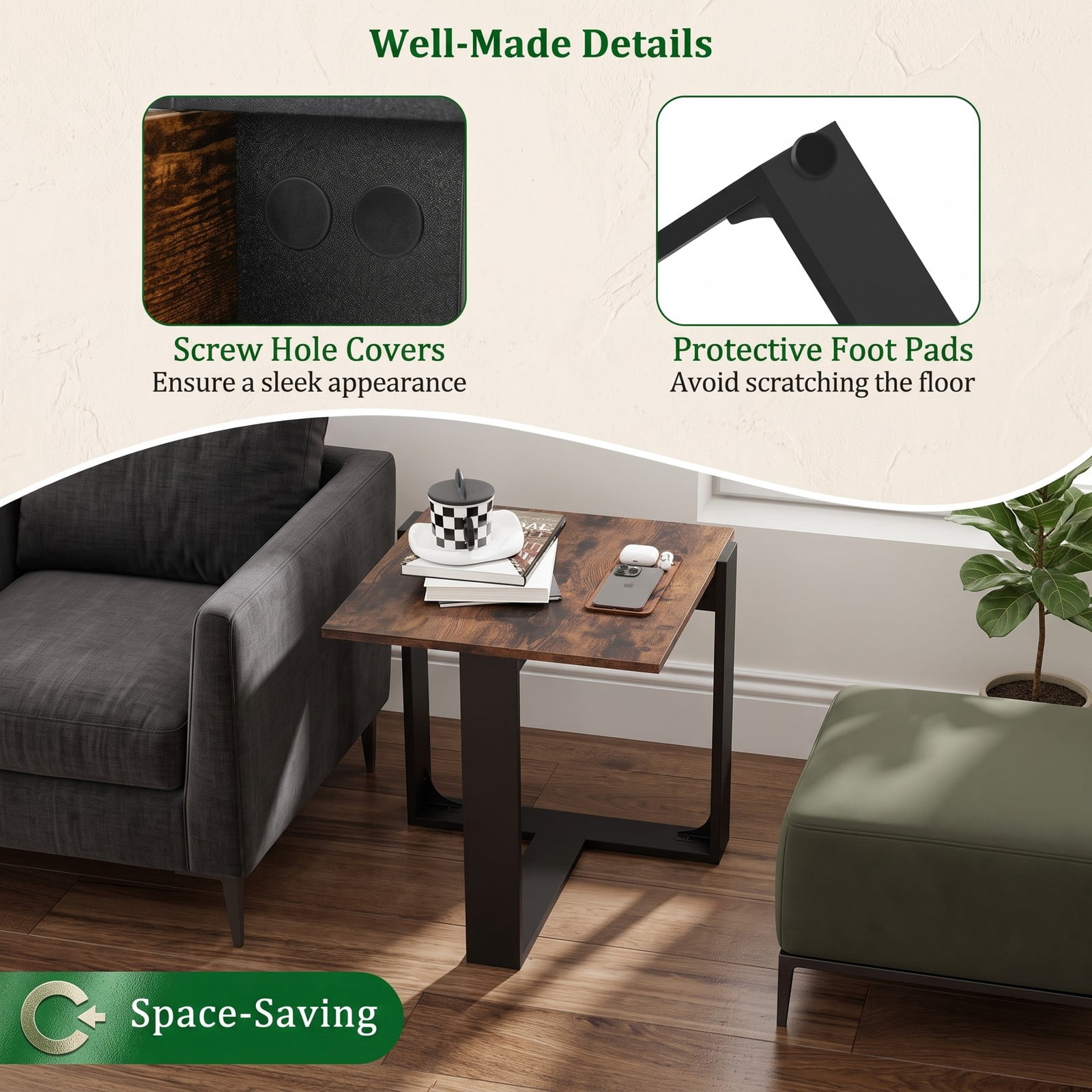Furnibear Industrial Sofa End Table with Metal Frame, Wood Side Table Nightstand with T-Shaped Base for Living Room Bedroom, Space-Saving Media, Rustic Brown & Black