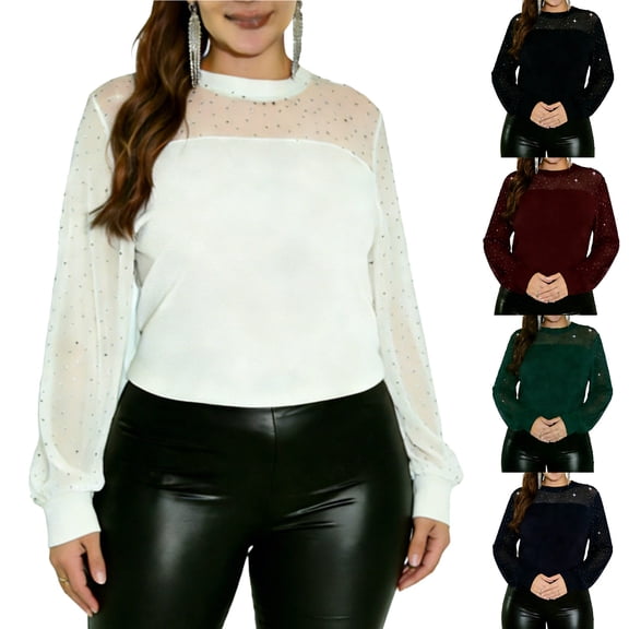 Women's Sheer Rhinestone Mesh Panel Long Sleeve Blouse Tops Shirts Crewneck Solid Color Casual Work Office Party Night Out Fashion Essential Gift for Women | CSEONE,Black L