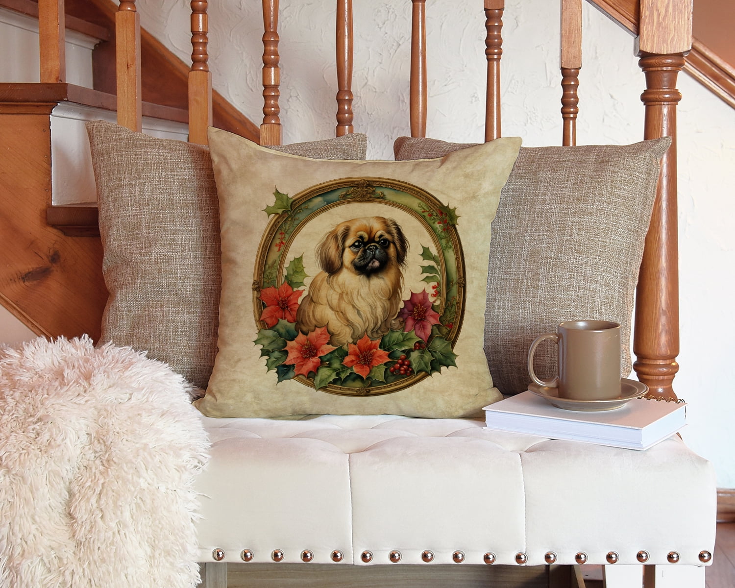 Pekingese Christmas Flowers Throw Pillow 14 in x 14 in