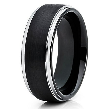 Ladies Tungsten Carbide Ring Tungsten Wedding Band Black Tungsten Ring 8mm Tungsten Men & Women Tungsten Carbide Ring Unique Silver Edges Comfort Fit ()