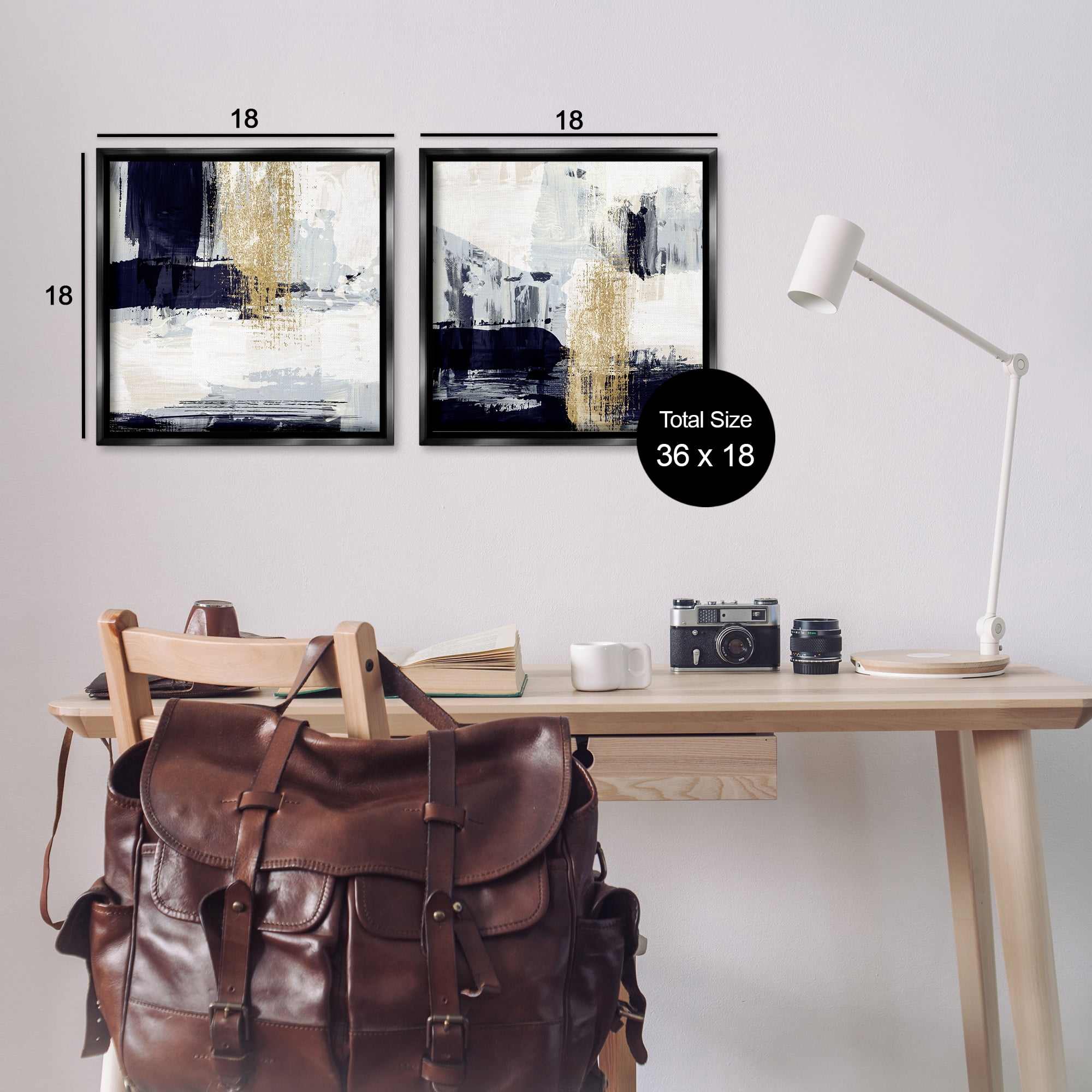 Stupell Industries Patchy Navy Gold Abstract Abstract Painting Black Floater Framed Canvas Art Print Wall Art, 18 x 18, Set of 2