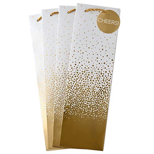 Hallmark 4-Pack of Gold Bottle Gift Bags (Cheers, White with Gold Foil Dots) for Christmas, Thanksgiving, Friendsgiving, Hanukkah, Housewarmings, Engagements and More