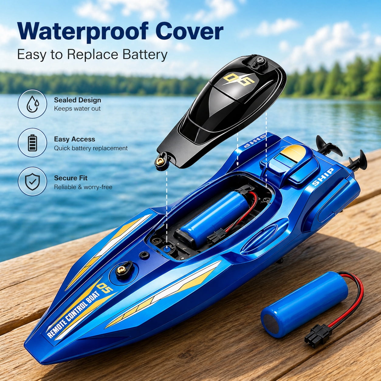 Funtogether High Speed Remote Control Boat for Pools and Lakes, 2.4GHz Waterproof RC Speedboat with Dual Motors, Blue