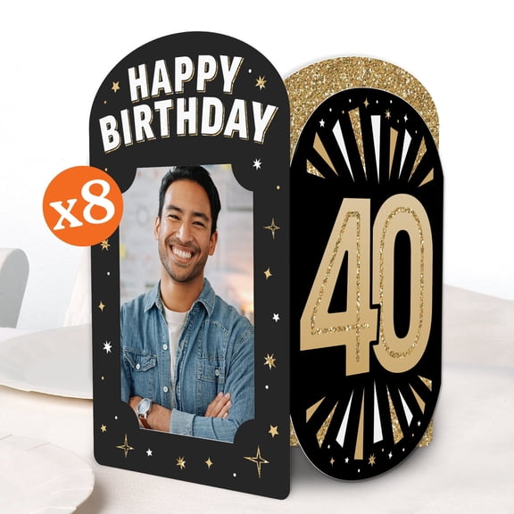 Big Dot of Happiness 40th Birthday Photo Holder Centerpieces, 4x6 Picture Display Box, Black & Gold Table Decoration Centerpiece for Adult Birthday Party Decor, 8 Count