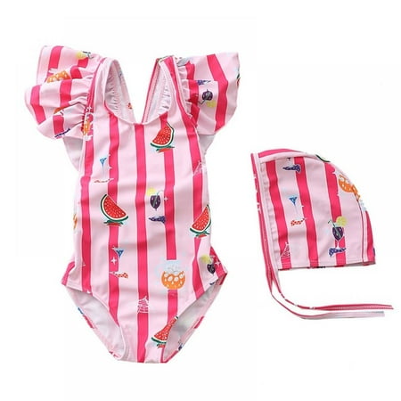 

Sunwukong Toddler Baby Girl Swimsuit Beach Wear Infant Girls One Piece Ruffle Bathing Suit with Hat 1-7 Years