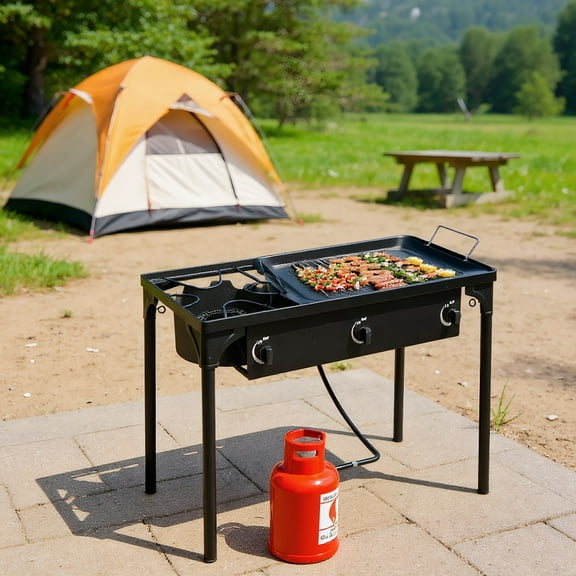 Demifill 225000-BTU Outdoor Camp Stove, Rectangular High Pressure Propane Gas Cooker, Portable Cast Iron Cooking Burner for Outdoor Camping, Black