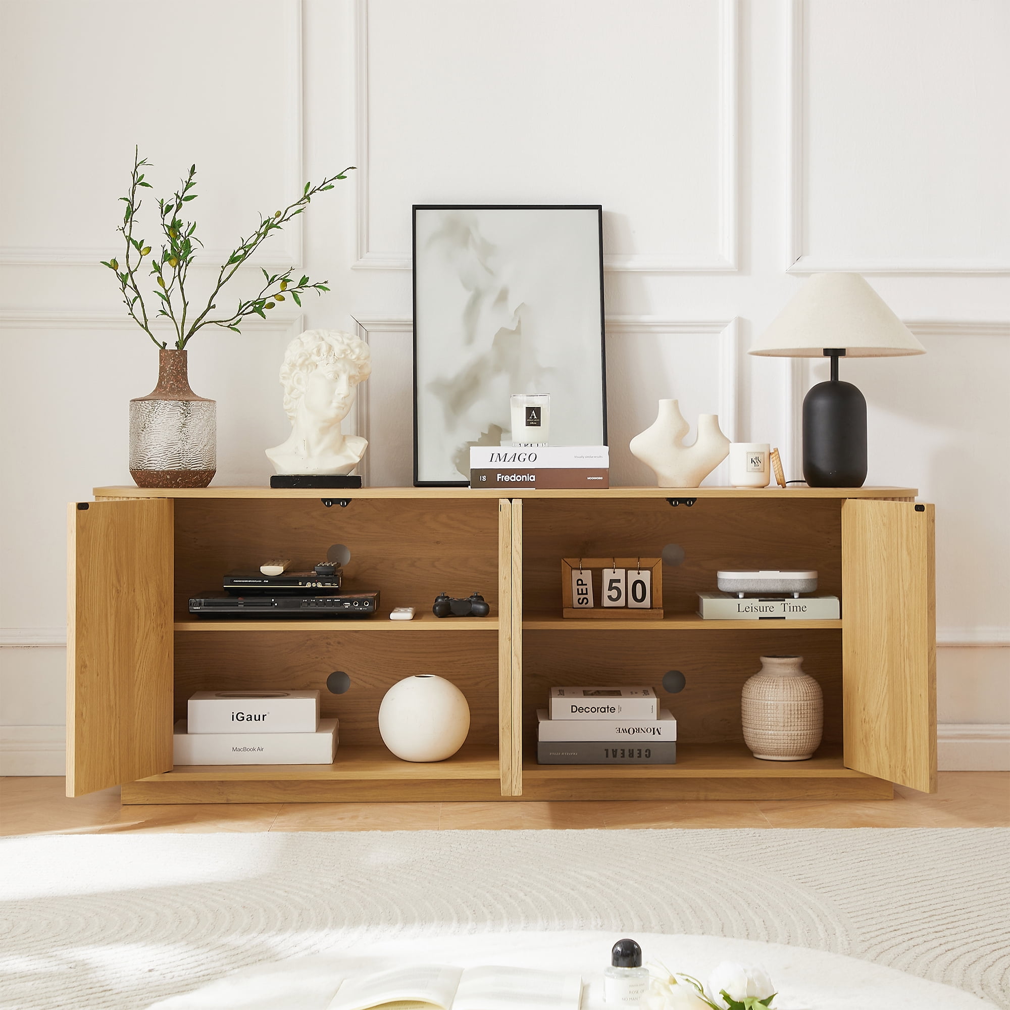 TrumanPick Large Buffet Sideboard Cabinet, 64" Fluted Modern Buffet Table, TV Stand with 4 Doors for Bedroom, Living Room, Entryway,Natural Oak