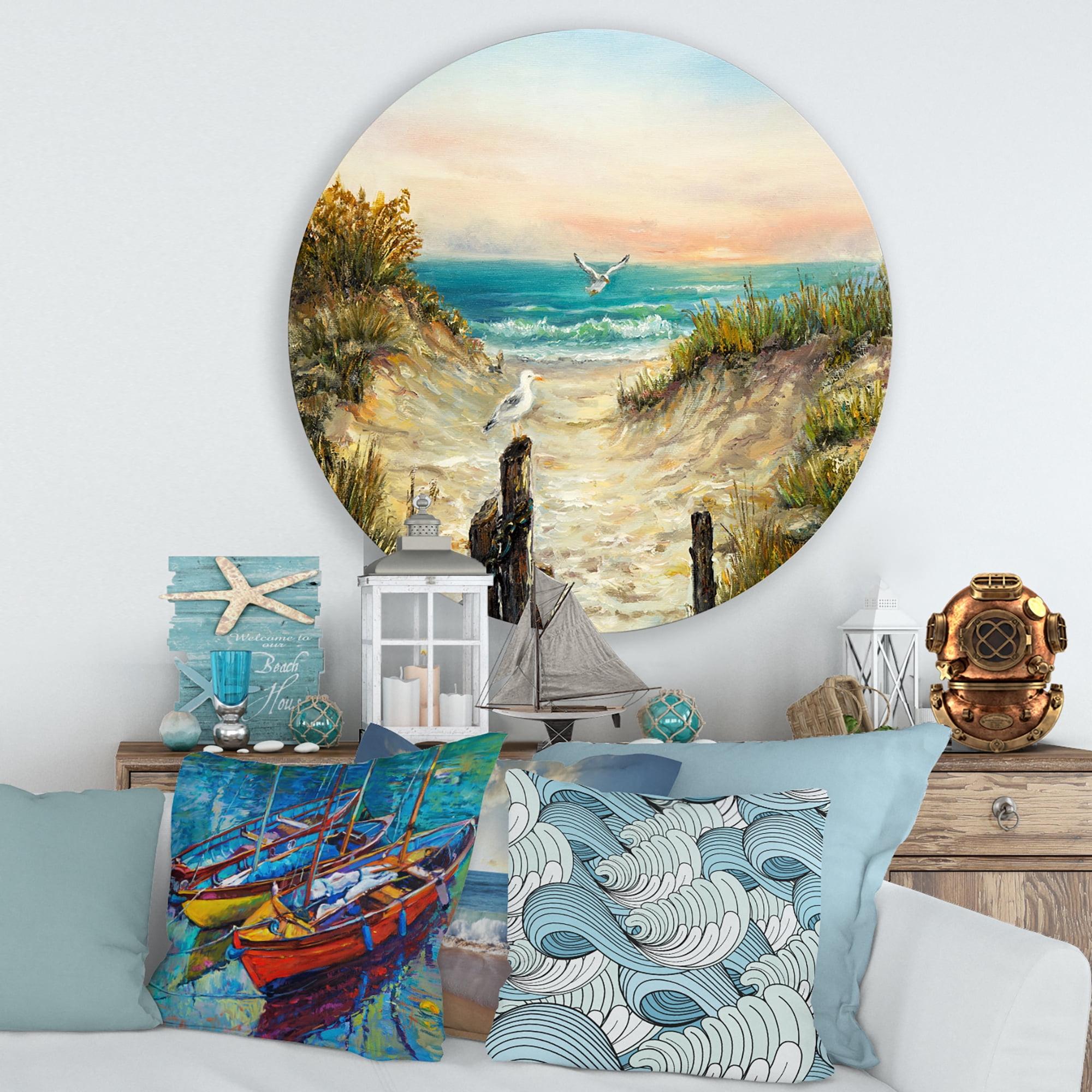 Designart 'Ocean Dunes During Pink Sinset on Beach' Nautical & Coastal Circle Metal Wall Art 36x36 - Disc of 36