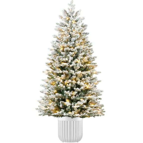 Pre-Lit Potted Flocked Christmas Tree, 6Ft Realistic Artificial Decor, w/250 Twinkling White & Multi LEDs
