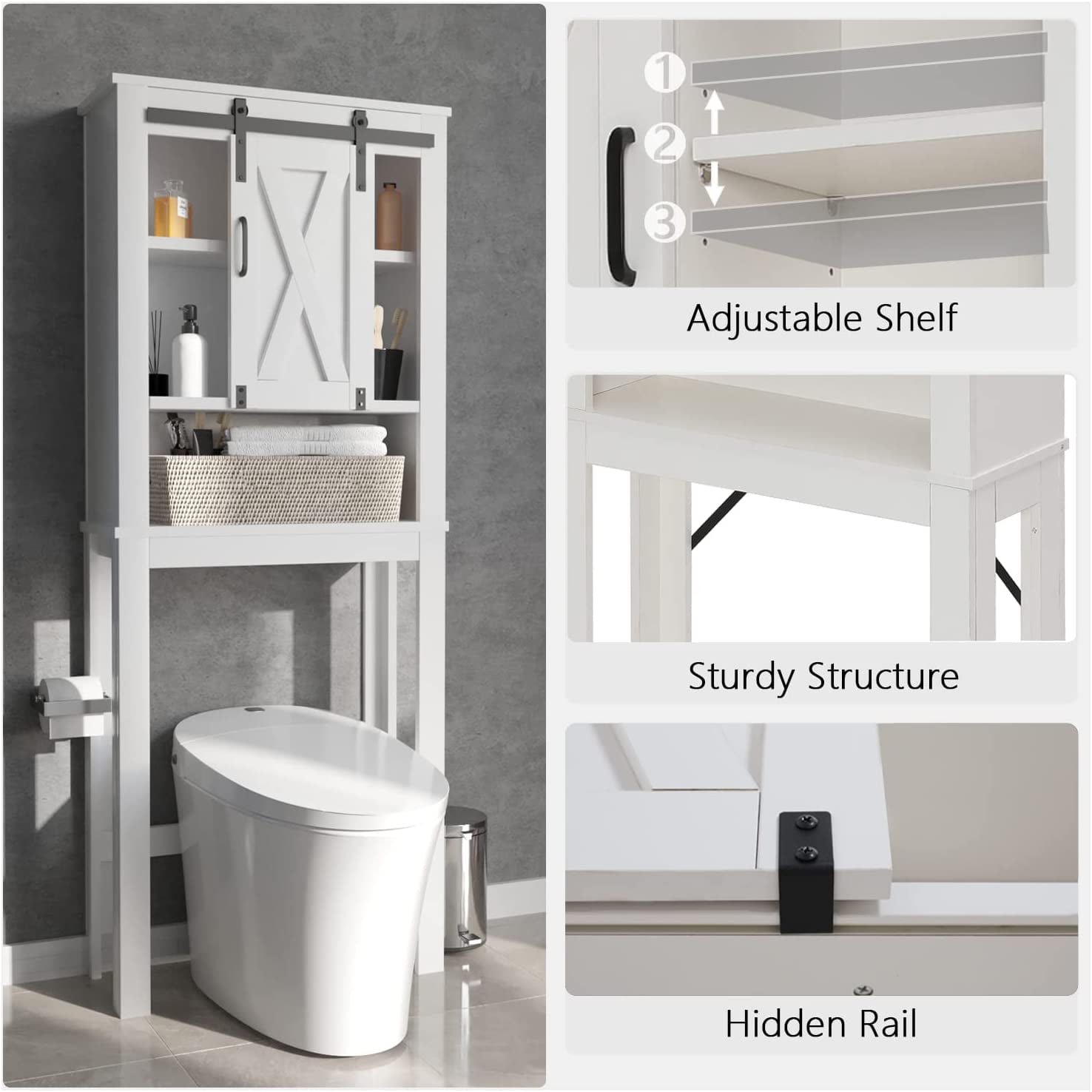 PWFE Over The Toilet Storage Cabinet, Farmhouse Bathroom Cabinet with  Sliding Barn Door, 3-Tier Bathroom Organizer Shelves for Home, Greye 