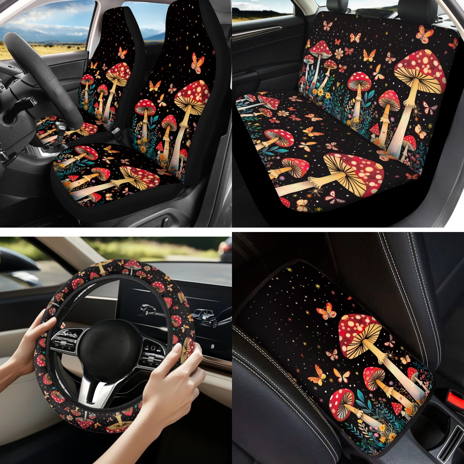 Yuyamidu Aesthetic Mushroom Car Seat Cover Set of 13 Butterfly Auto Interior Sets with Steering Wheel Cover Seat Belt Pad Armrest Cover Pad Cup Mat Key Chain