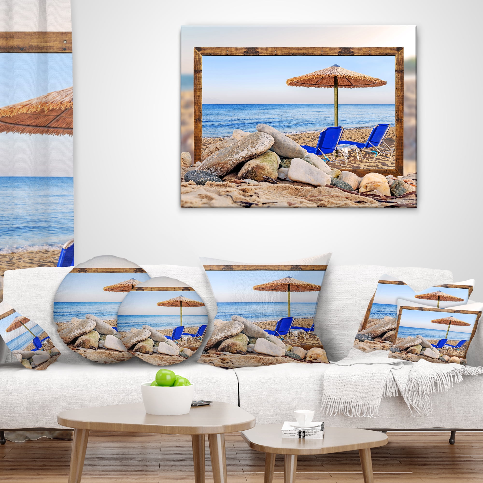 Designart Framed Effect Beach with Chairs Umbrella - Seashore Photo Throw Pillow - 12x20
