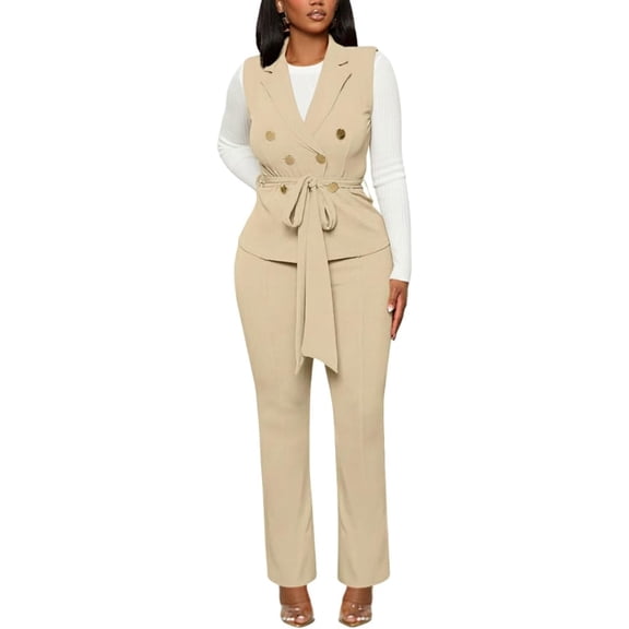 Women's Business Casual Two Piece Set – Sleeveless Blazer Vest and Wide Leg Pants for Work and Daily Wear