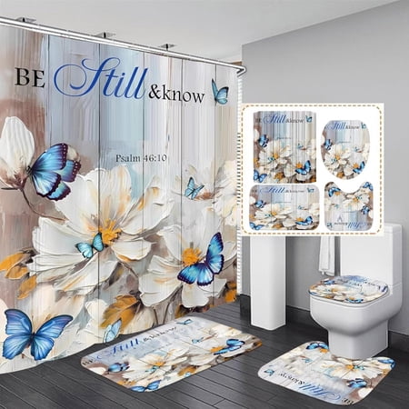 4 Pcs Black Butterfly Moon Shower Curtain Set Vintage Aesthetic Gothic Bathroom Set with Floral Plants Bathroom Set with Hook Toilet Lid Cover and Bath Mat