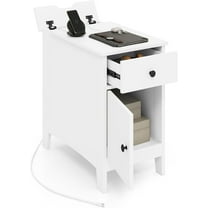 GOFLAME Flip Top End Table with Charging Station, Modern Side Table with Drawer, Storage Cabinet, USB Ports & Outlets, Narrow Nightstands for Small Spaces, Living Room, Bedroom, White