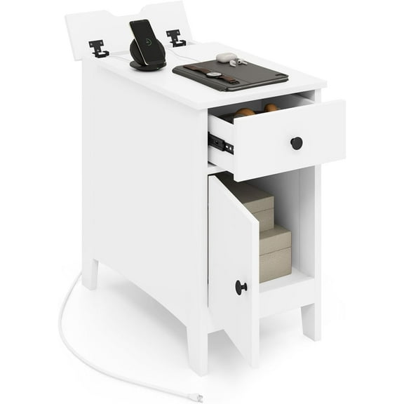 GOFLAME Flip Top End Table with Charging Station, Modern Side Table with Drawer, Storage Cabinet, USB Ports & Outlets, Narrow Nightstands for Small Spaces, Living Room, Bedroom, White