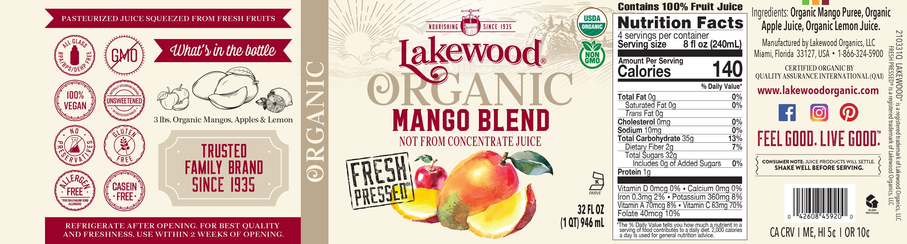 (2 pack) Lakewood Organic Mango 100% Juice Blend , 32 fl oz