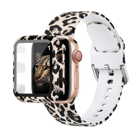 WFEAGL Silicone Sport Strap Apple Watch Bands with Case 42mm Black Leopard Print