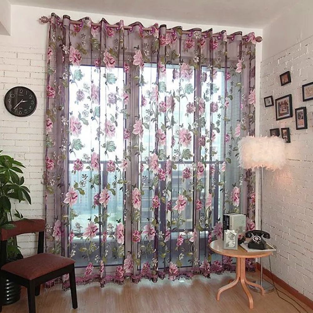 1 Piece 100x200cm Floral Peony Sheer Window Gauze Curtain Decoration Living Room 