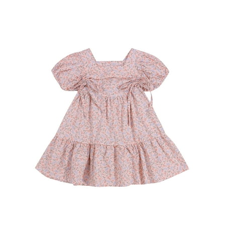

KuriozudGirls Floral Print Drawstring Dress Puff Sleeve Square Collar Dress