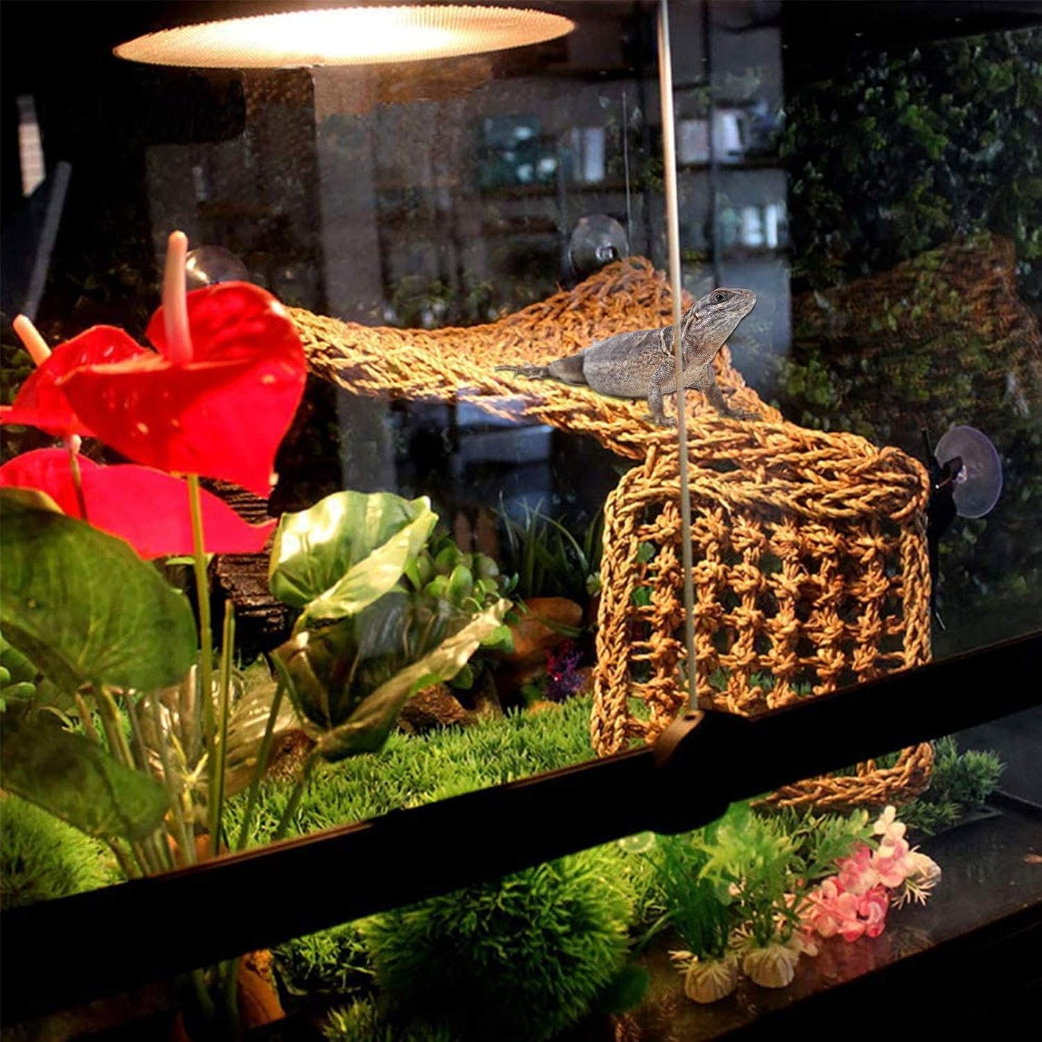 Bearded Dragon Hammock, Reptile Lounger Natural Seagrass Lizard Habitat Tank Accessories Jungle Climber Vines Flexible Leaves Decor for Climbing Reptiles Chameleon Gecko Snakes