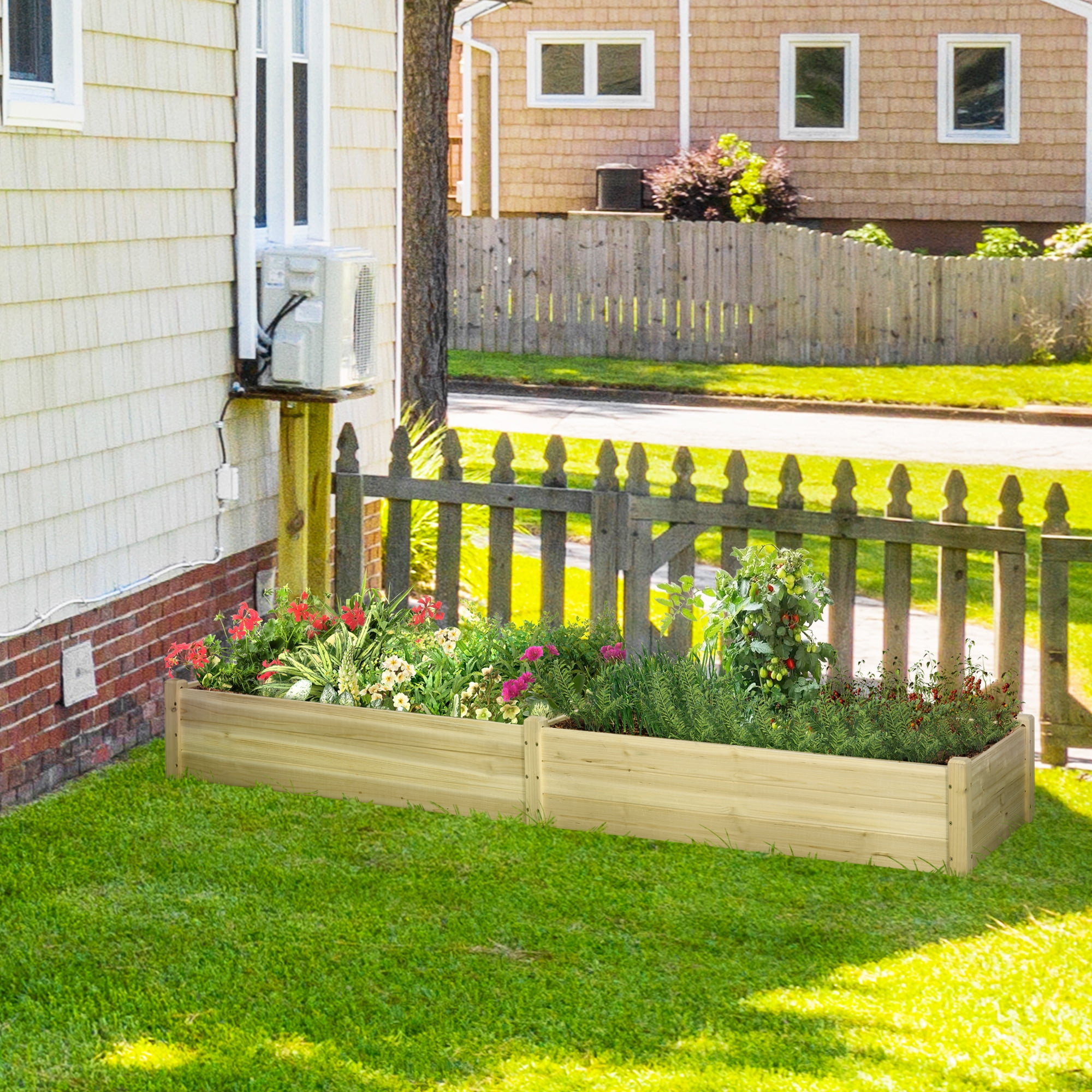 Raised Garden Bed Kit, 8x2ft Wooden Elevated Planter with 2 Boxes, Self Draining Bottom and Liner, Patio to Grow Vegetables, Herbs, and Flowers, Natural