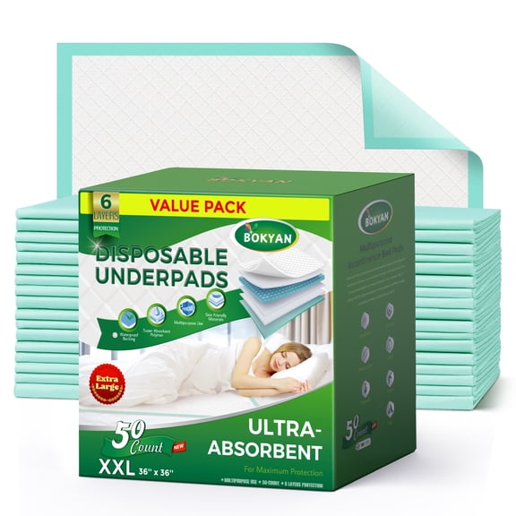 BOKYAN Bed Pads for Incontinence Disposable, 36 x 36 Waterproof Underpads, Maximum Absorbent Unisex Large Chucks Pad, Bed Liners Chux for Adults, Kids and Pets, XXL (50 Count)