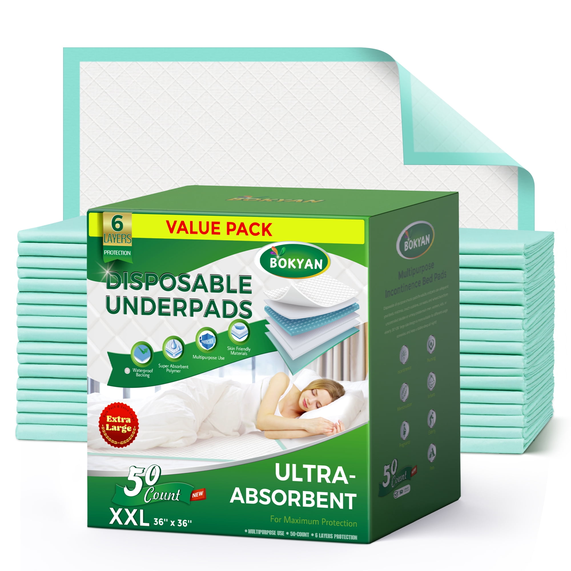 BOKYAN Bed Pads for Incontinence Disposable, 36 x 36 Waterproof Underpads, Maximum Absorbent Unisex Large Chucks Pad, Bed Liners Chux for Adults, Kids and Pets, XXL (50 Count)
