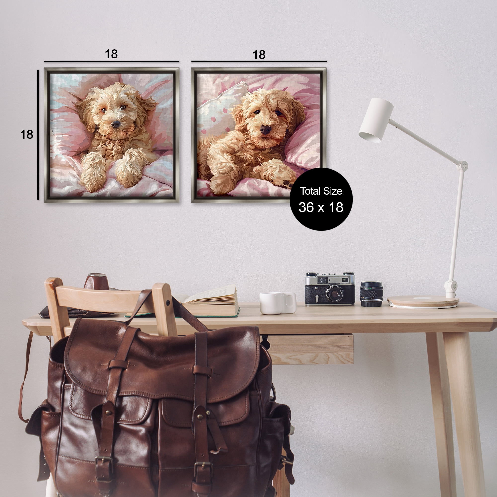 Stupell Industries Cuddling Labradoodle in Bed Animals Painting Gray Floater Framed Canvas Art Print Wall Art, 18 x 18, Set of 2
