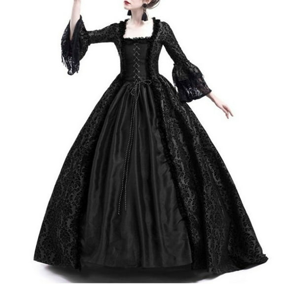 Jacenvly New Prom Dresses for Juniors Women Retro Party Princess Lace Floor Length Dress Women Cocktail Dresses Black L