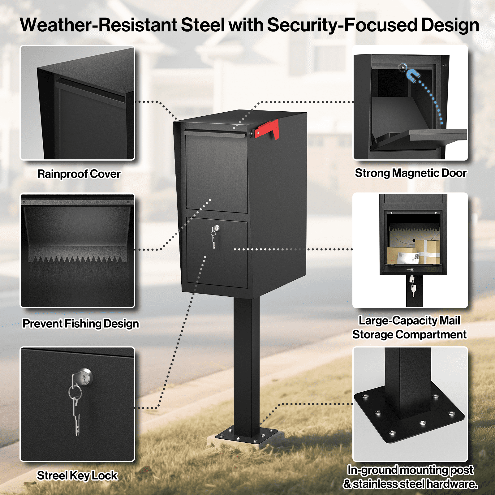 POCHAR Secure Curbside Locking Mailbox for Packages, Weekend-Away Design with In-Ground Post and Base Plate (Black)