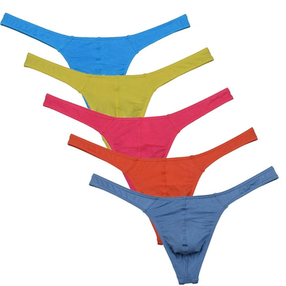 Botmois 5 PACK Men's Solid Bikini Briefs Contoured Pouch Thong Guy Sexy Low-rise Tangas Soft String Underwear Lingerie Panties 5FF L