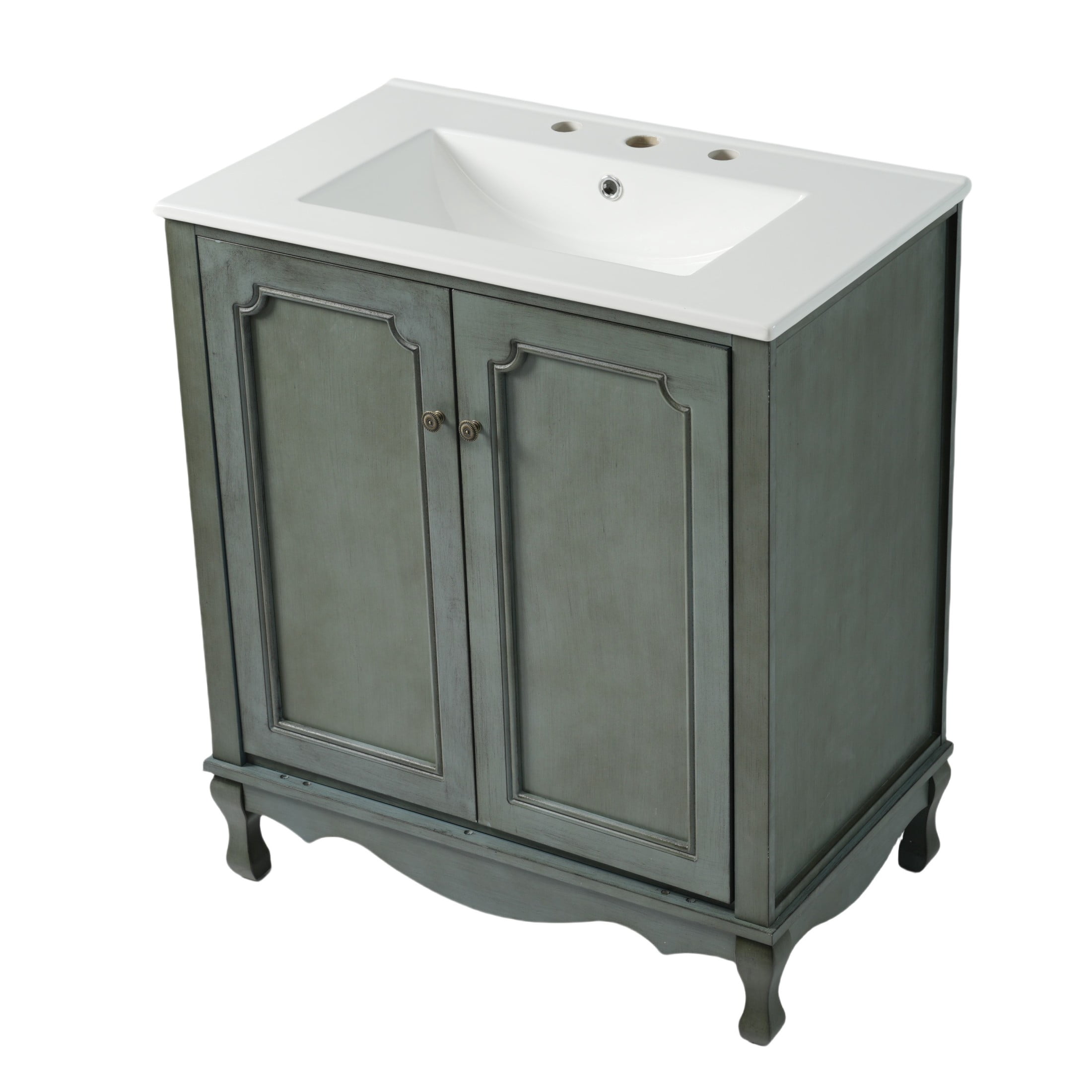 Christopher Knight Home Vintage 30" Bathroom Vanity, Ceramic Sink, 2 Soft-Close Doors, Adjustable Shelves, Antique Teal, Set of 2