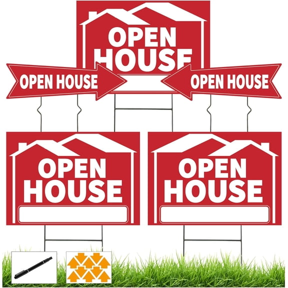 5 Pack Open House Signs, Open House Sign for Real Estate - 17"x12" Double Sided Yard Signs with Metal Stakes & Directional Arrows, Weatherproof Real Estate Signage for Agents, Property Sales (Red)