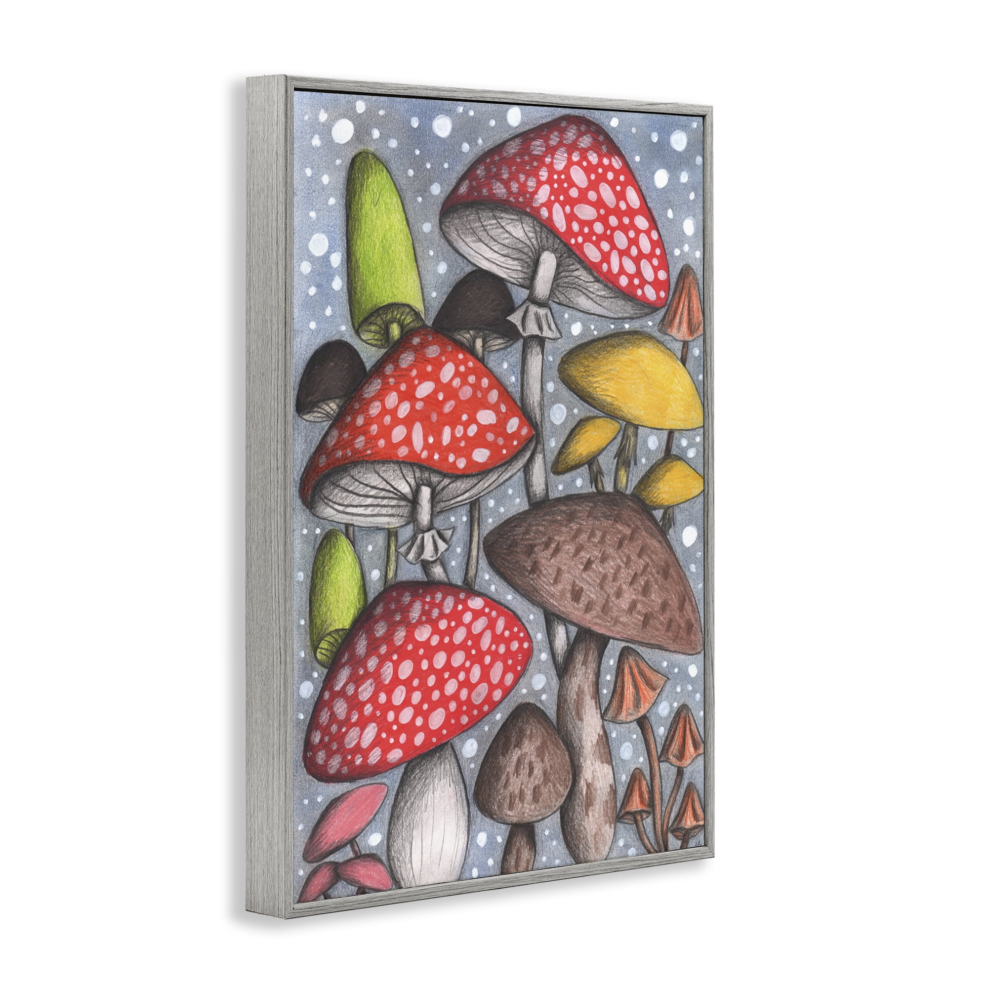 Sketched Magical Mushrooms Gray Framed Giclee Art, design by Cecilia Battaini
