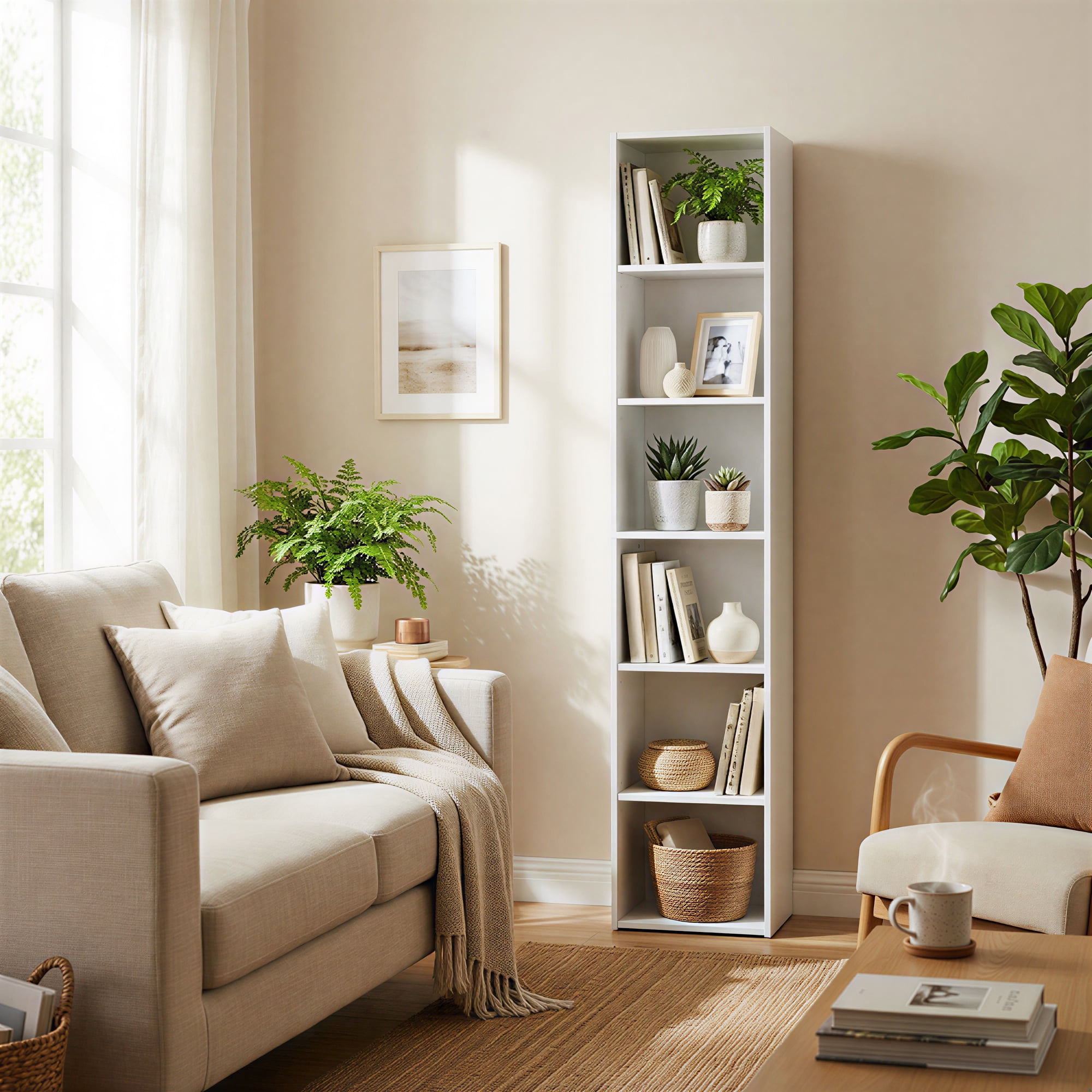 LEDREM 6-Tier Bookshelf with Adjustable Open Shelves, Tall Bookcase Space-Saving for Living Room Home Office, Cloud White